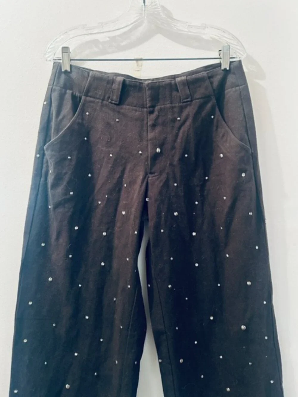 Free People Chocolate Brown Embellished Rhinestone Stud Trousers NEW